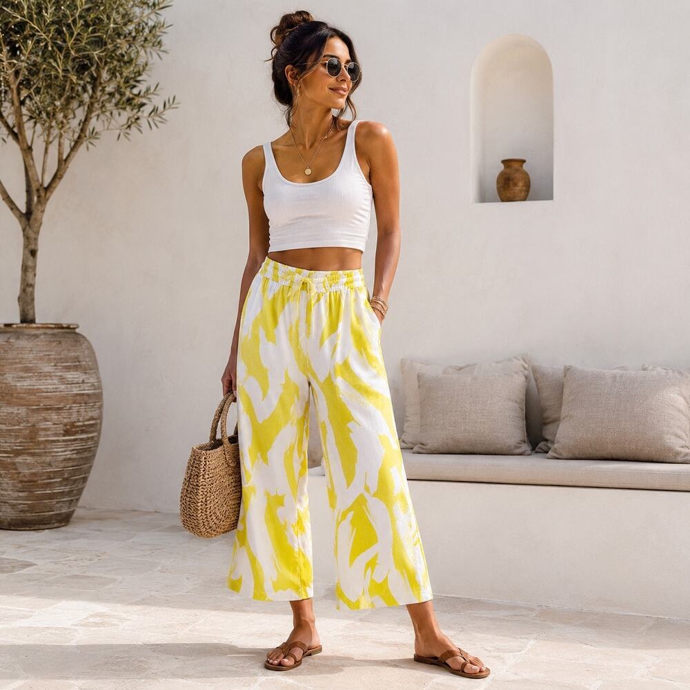 DKNY Linen Blend Wide Leg Crop Pants Yellow White Abstract Print Medium
